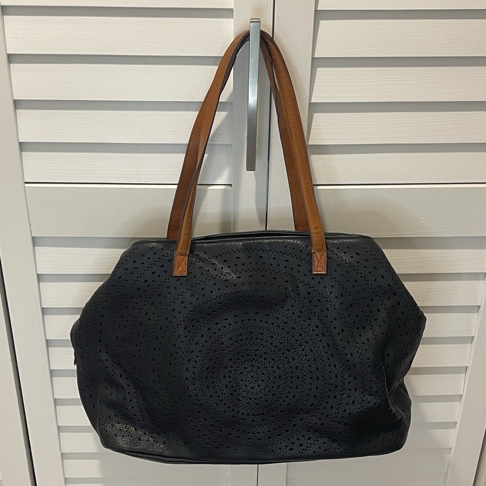 Street Level Black Faux Leather Perforated Tote‎ Bag Tan Handles Large